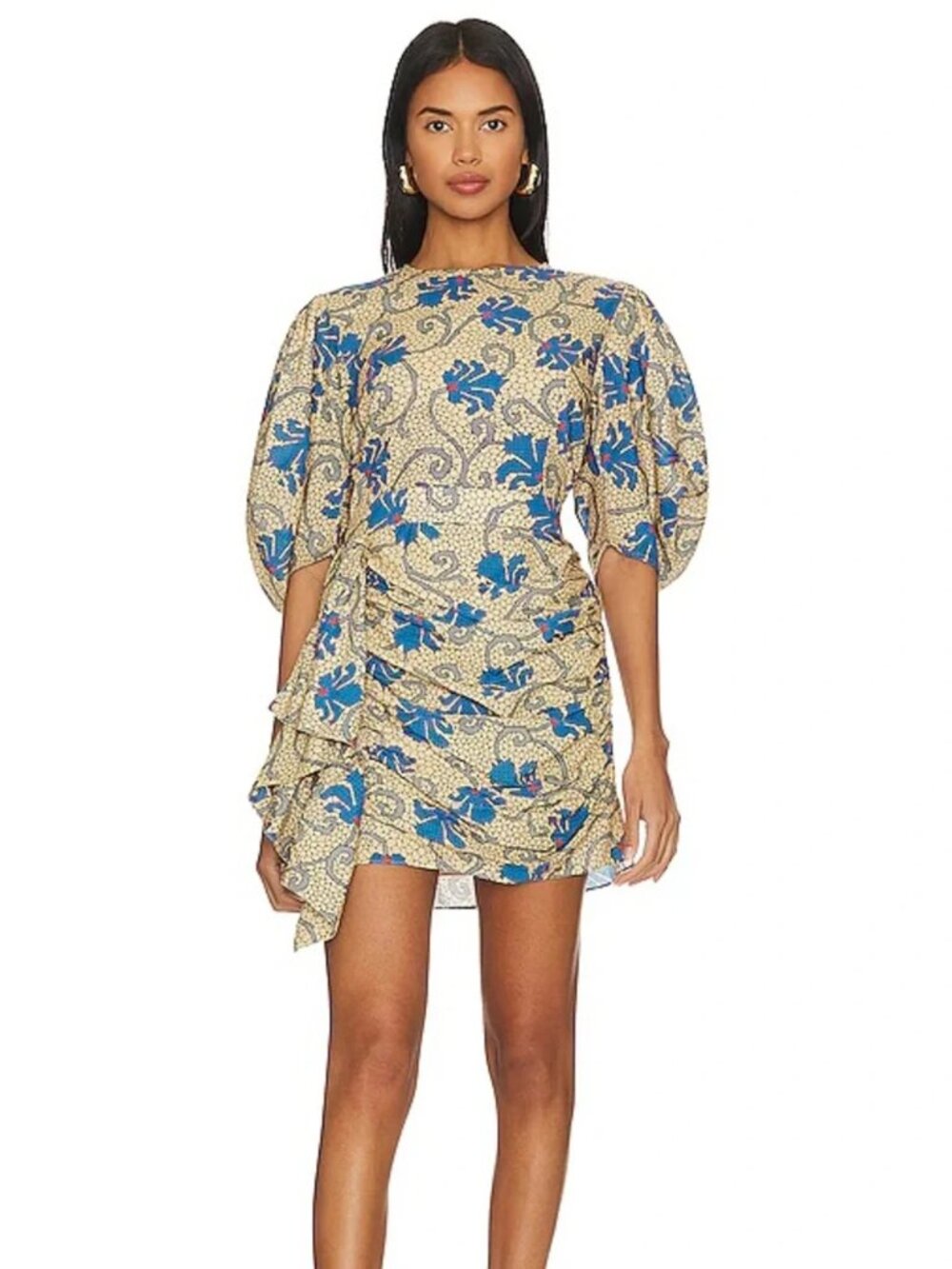 RHODE Pia Draped Mini Dress Mosaic Blossom Ruched w/ Side Ruffle, Puff Sleeves - Picture 5 of 11